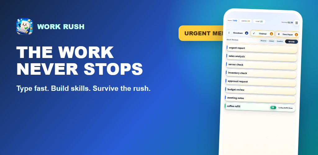 Work Rush typing game with a desk full of urgent office memos