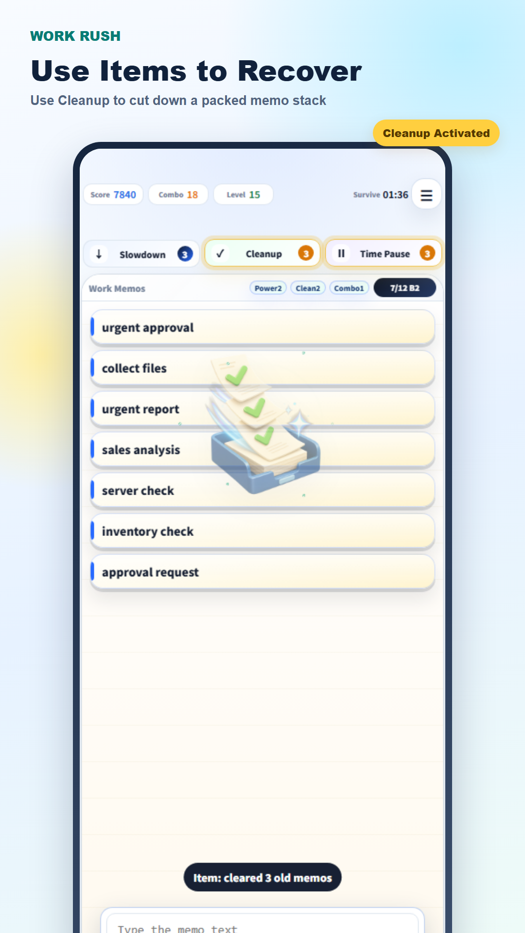 English Work Rush typing-survival screen with multiple active office memos